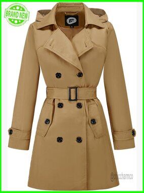 Waterproof Trench Coat with Removable Hood, Double Breasted, Belted